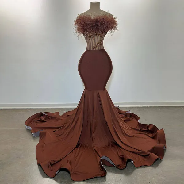 Robe De bal sirène marron pour filles noires, sans bretelles, plumes, en Satin, robes De soirée pour femmes