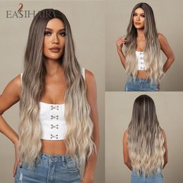 Marrón Ombre Rubio Onda de agua Pelucas sintéticas Pelucas largas de pelo gris ceniza para mujeres Fiesta de cosplay diaria Resistente al calor Fiberfactory directo