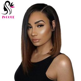 Brun Ombre Cheveux Humains Full Lace Wig Vierge Cheveux Indiens Asymétrique Court Bob Lace Front Perruque pour Afrique Amérique Women2623