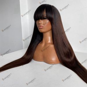 Brun Ombre soyeux droite cheveux humains fait à la machine perruque avec O forme soie Top 200 densité frange Remy cheveux brésiliens femmes perruques