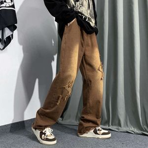 Pantalon marron pour hommes, coupe ample, jambe droite, conception polyvalente de pantalon en détresse hip-hop, jean de rue américain incrusté