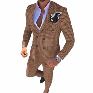 Costumes pour hommes à carreaux marron 2 pièces revers cranté busin à double boutonnage coupe régulière blazer smokings de bal pour veste + pantalon de mariage t8YL #