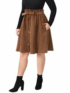 Jupes de taille plus marron pour femmes en velours côtelé taille haute élastique une ligne vintage élégante fête décontractée jupe au genou avec poches F4Cc #