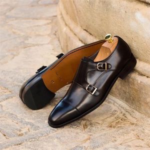 Bruine Pu Monk Square Men Toe drie-fasen Double Buckle Fashion Business Casual Wedding Party Dress Shoes Maat 38-48 230518