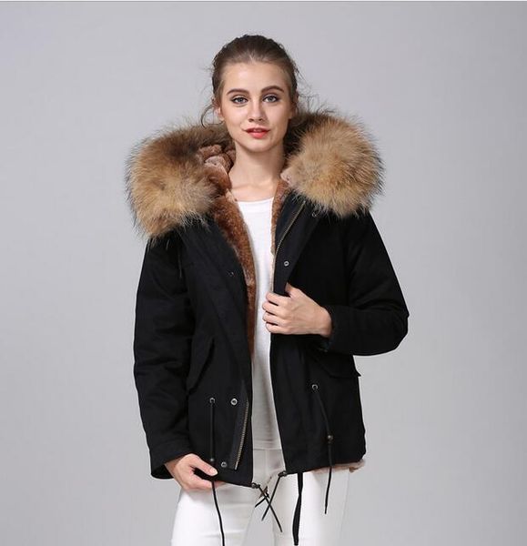 Parka de nieve para mujer con adornos de piel de mapache marrón marca Meifeng rayas verticales piel de conejo forrada mini chaqueta de lona negra