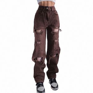 Jeans Distred de femme vintage déchiré marron streetwear trou hip hop taille haute pantalon fi pantalon en denim droit dames 56gz #