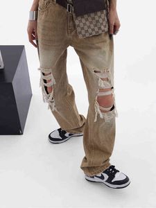 Marron déchiré Vintage femme inquiet jean Streetwear trou Hip Hop taille haute pantalon mode pantalon en Denim droit dames L220726