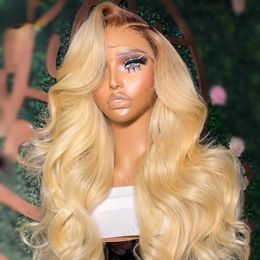 Perruque Lace Front Wig synthétique Hd 613, perruque Lace Front Wig synthétique, cheveux naturels, Body Wave, pre-plucked, blond ombré, racine brune, pour femmes