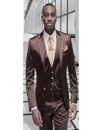 Brown Satin Men Suit Formal Design italien Tuxedo personnalisé 3 pièces Blazer Masculino Wedding Mens Cleit