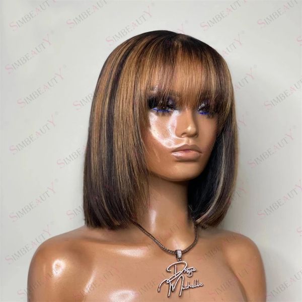 Brown Short Bob Highlight Full Machine Made Perruques de cheveux humains pour les femmes noires Bangs Cut Fringe 200Density Glueless Machines Perruques