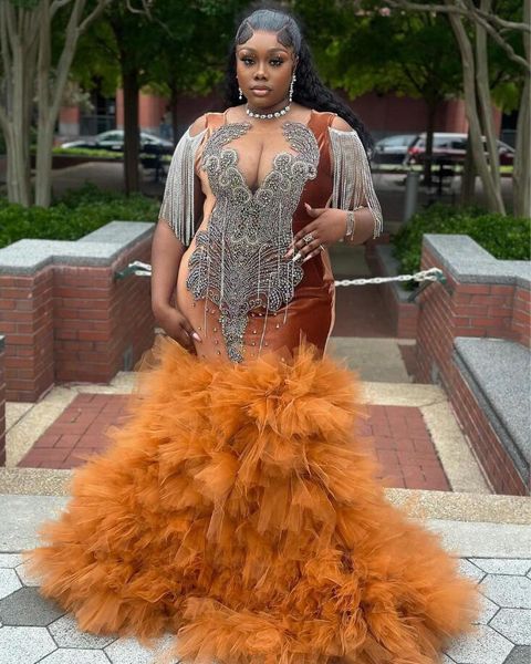 Brown Sparkly Plus taille de bal robes de cérémonie pour fille noire de luxe en diamant luffrages pouleurs de jupe de soirée d'anniversaire robe de gala 2024
