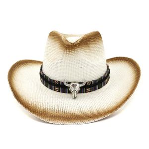 Bruine Spray Paint Bull Head Decor Vrouwen Panama Stijl Hoed Lint Bogen Wide Brav Visor Caps Unisex Cowboy Straw Fedora Hat