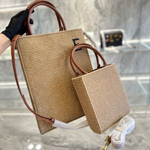 Sacs à bandoulière en paille marron pour femmes Designer minimaliste décontracté fourre-tout léger sacs à main de week-end en deux tailles