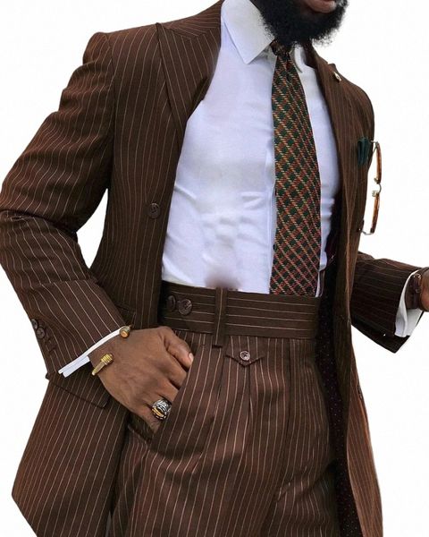 Brown Stripe Hommes Costume 2 Pcs Sur Mesure Groom Prom Slim Fit Double Boutonnage De Mariage Terno Peak Revers Blazer Pantalon Veste + Pantalon 02xo #