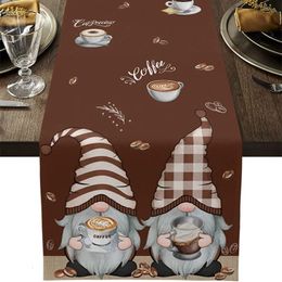Bruine tafelloper dressoir sjaal schattige kabouter koffiebonen linnen voor keuken eetkamer decoratie 240325