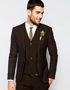 Tuxedos de marié trois pièces marron, revers latéral, costume de mariage, beaux hommes, dîner d'affaires, blazer de bal (veste + pantalon + cravate + gilet) 408