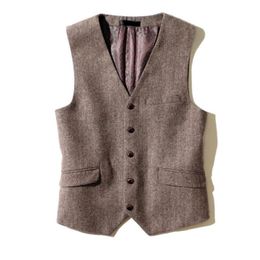 Bruin tweed vest 2019 wol visgroom bruidegebruid vesten brits stijl heren pak vesten slim fit heren jurk vest bruiloft vest custom gemaakt