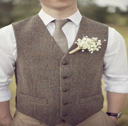 Chalecos de tweed marrón lana Herringbone británico Estilo británico Slim Fit Real Vest Vintage Wedding Wedding Vest473202020