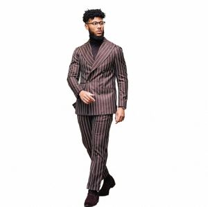 Costume pour hommes à rayures verticales marron Ensembles de blazers à double boutonnage pour mariage Tuxedos masculins 2 pièces Veste et pantalon Groom Wear b1Sa #