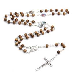 Bruin hout rozenkrans ketting lange kruis hanger religieuze gebed sieraden accessoires