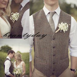 Bruin wol visgraat tweed bruidegom vesten bruiloft vesten voor groomsmen heren pak vest prom trouwjurk jas vest plus size grijs in stoc