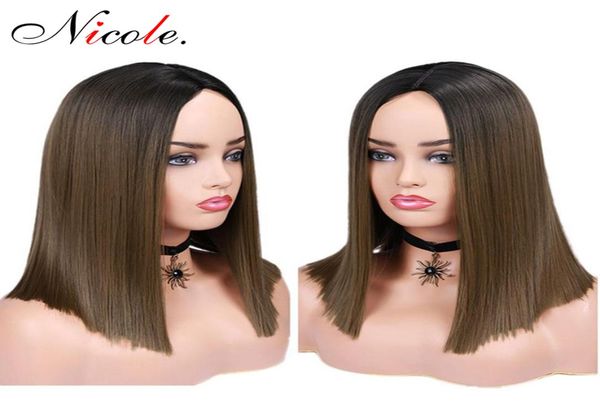 Peluca marrón ombré Bob de 14 pulgadas con raíces negras, pelo sintético liso, parte media del hombro, fibra resistente al calor 9308451