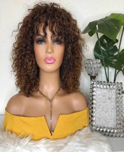 Perruques Lace Front Wig synthétiques brésiliennes courtes et bouclées, couleur marron et noir, pré-épilées avec frange, perruque Bob frontale 7148157 pour femmes noires