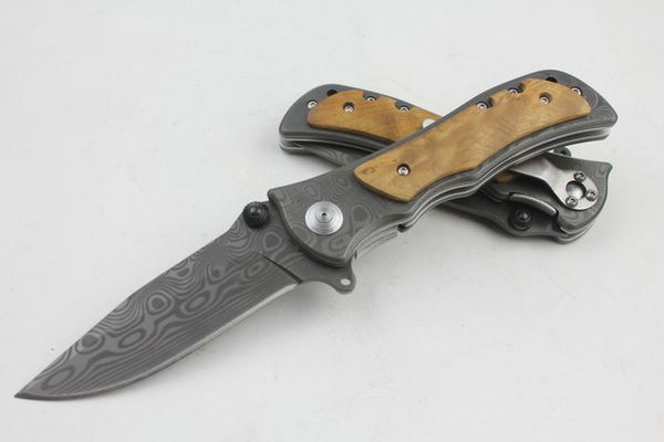 Cuchillos personalizados - 339 Cuchillo con aleta de apertura rápida asistida por resorte 440C Hoja con punta de caída Mango de madera Cuchillos de bolsillo EDC