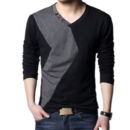 Browon Brand Autumn Mens T Shirts mode streetwear lange mouw v nek kleur patchwork katoenen t -shirt mannen 201116