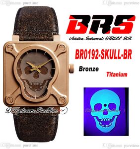 BRSF Aviation Instruments BR0192-SKULL-BR Montre automatique pour homme 46 mm avec cadran tête de mort lumineux en titane vintage et bracelet en cuir marron Super Edition Pureitme A1