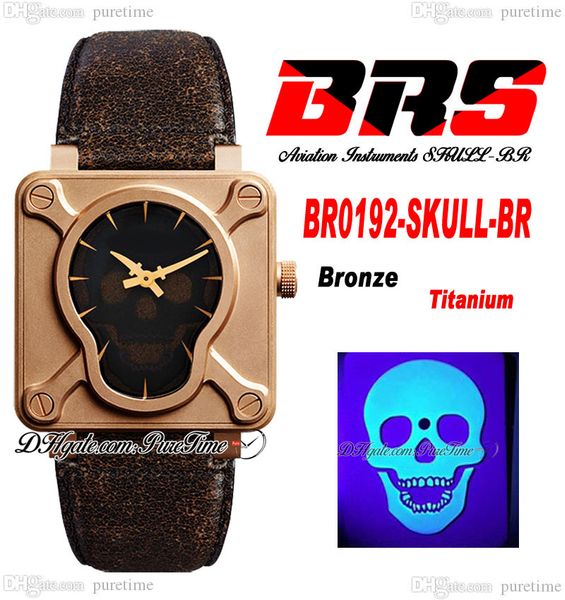 BRSF Aviation Instruments BR0192-SKULL-BR Reloj automático para hombre 46 mm Real Broze Luminous Skull Dial Titanio Vintage Correa de cuero negro Super Edition Pureitme B2