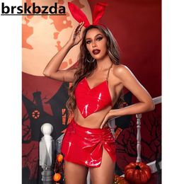 Brskbzda Halloween Lingerie Bunny Latex Cosplay Sexy Kostuums 4 Stuk Thongs Halter Lederen Sissy Ondergoed Nachtclub Outfit 240117