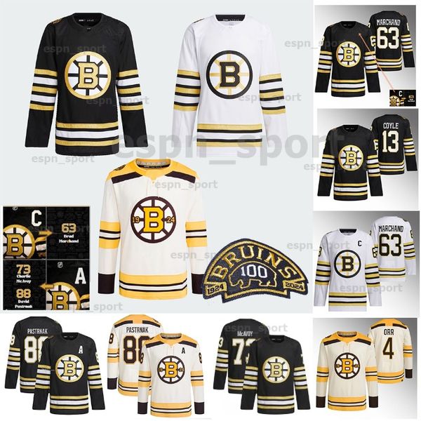 Maillots du 100e nouveau centenaire des Bruins 63 Brad Marchand David Pastrnak Jake DeBrusk Trent Frederic Jesper Boqvist Patrick Brown Matt Filipe Marc McLaughlin Greer