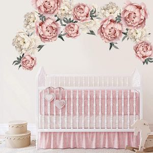 BRUP Main-dessin Rose Blanc Pivoine Fleurs Stickers Muraux pour Salon Chambre Stickers Muraux PVC maison Décoratif Autocollants Décor