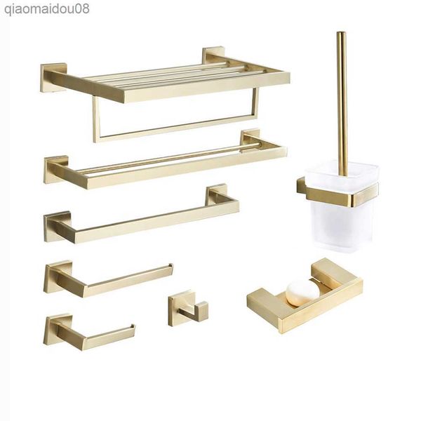 Juego de accesorios de baño de oro cepillado, toallero, toallero, soporte de papel higiénico, jabonera de acero inoxidable para baño L230704