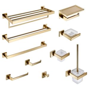 Accesorios de baño de oro cepillado Portaescobillas Portapapeles Toallero Anillo Barra Estante Gancho para ropa Dispensador de jabón Portavasos 240312