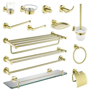 Accesorios de oro de oro cepillado rejilla para toallas cepillo para inodoro soporte de papel de toalla de toalla de toallas jabón de jabón estante de pared de hardware de baño 23122222