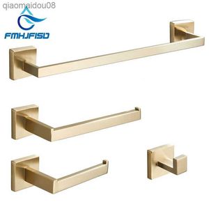 Geborsteld Goud Badkamer Hardware Accessoires Set Wc Roestvrijstalen Muur Handdoekstang Rail Papierhouder en Haak Badrek Hanger L230704