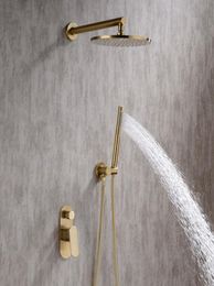 Geborsteld Goud Badkamer Douche Set 810Inch Rianfall Douchekop Kraan Wandmontage Douche Arm Mixer Diverter5471848