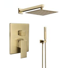 Geborsteld goud badkamer douche set vierkante stijl muurbevestiging bad douchekraan met regen douchekop 8,10,12 inch