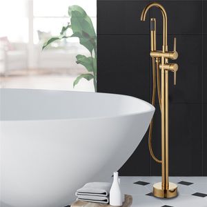 Brushed Gold Bathtub Faucet Floor Stand Black Bathtub Mixer 360 Rotation Spout with Handshower Head Bath Mixer Shower