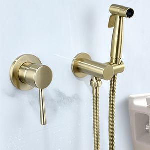 Geborsteld goud Zwarte Soild Messing Toilet Kraanspuit Set Wandmontage H en Koudwater Mixer Hand Bidet