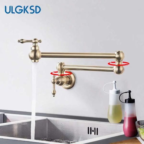 Grifo de cocina de oro cepillado, montaje en pared, grifo de lavabo de baño, grifo de lavado con agua fría, grifo giratorio, caño plegable, grúa de fregadero de tocador de latón 240103