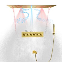 Geborsteld goud regendouchesets Slimme muziekdouchekop SPA-douchesysteem Plafondgemonteerde messing mengdouchekranen