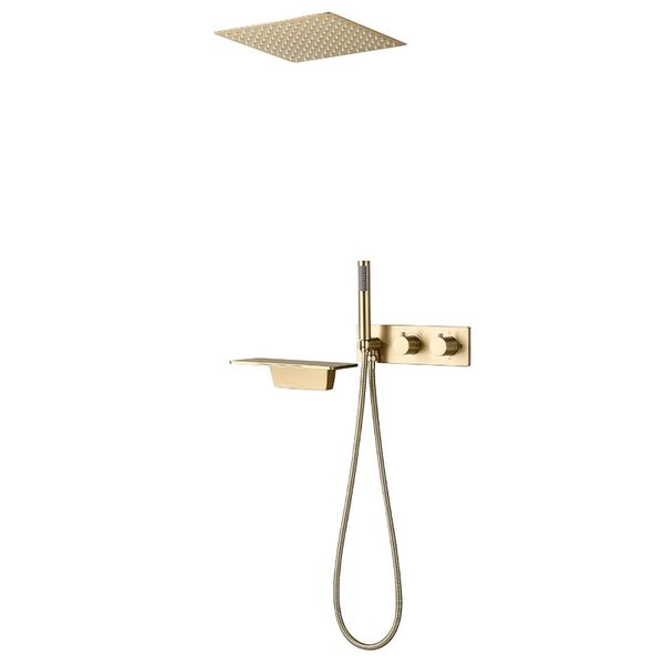 Juego de ducha de oro cepillado baño termostático termostático oculto techo cascada grifo escondido en la pared