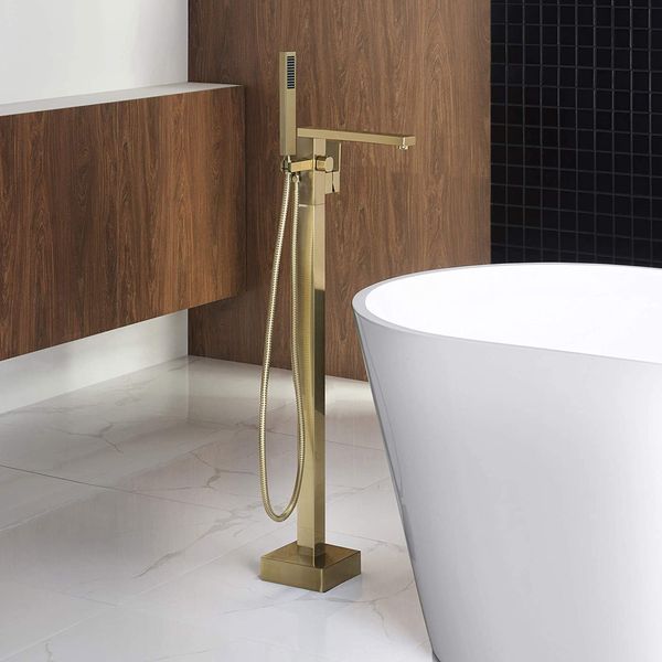 Cepillado Oro soporte montado en el piso del baño en bronce grifo de la bañera mezclador del baño de agua Grifería Diseño Cuadrado 360 ° de rotación del canalón