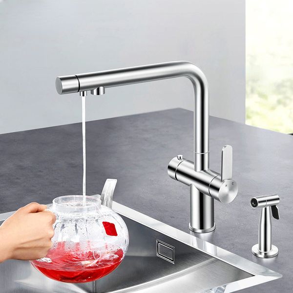 Robinet de cuisine brossé 304 acier inoxydable filtre à eau chaude et froide eau potable avec pistolet à eau chaude 3 en 1 robinet