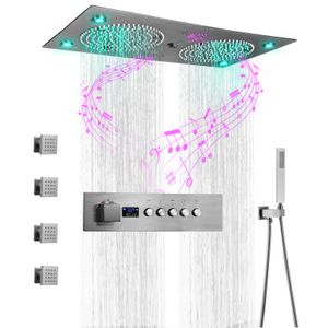 Nickel brossé 24*12 pouces LED pomme de douche musicale plafond monté salle de bain thermostatique affichage numérique ensemble de système de douche