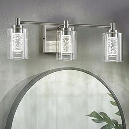 Luminaires de salle de bain à 3 lumières LED en nickel brossé, luminaire mural de salle de bain moderne avec abat-jour en verre transparent, bulle de cristal et lumière blanche à intensité variable