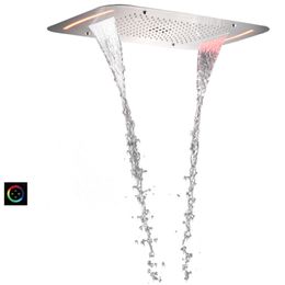 Grifos de ducha de baño de níquel cepillado, 71x43 CM, con cabezal de ducha multifunción LED, lluvia atomizadora en cascada